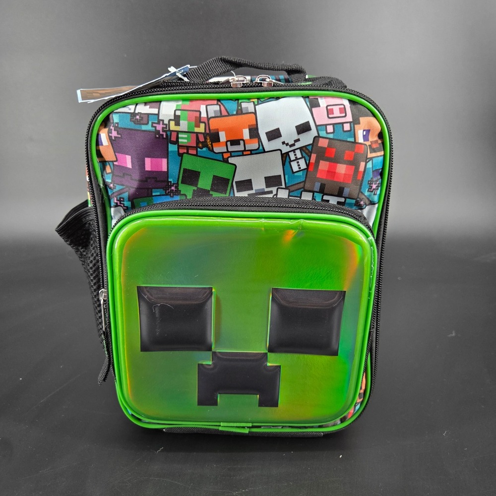 Minecraft Creeper 3D Molded Iridescent Insulated Lunch Box Green Black NWT